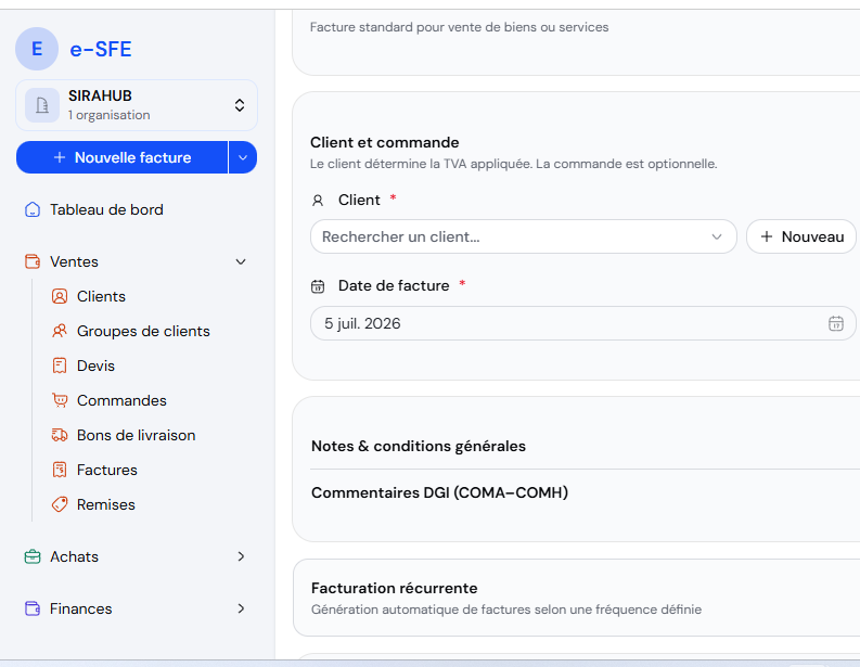 Interface e-SFE sur appareil mobile